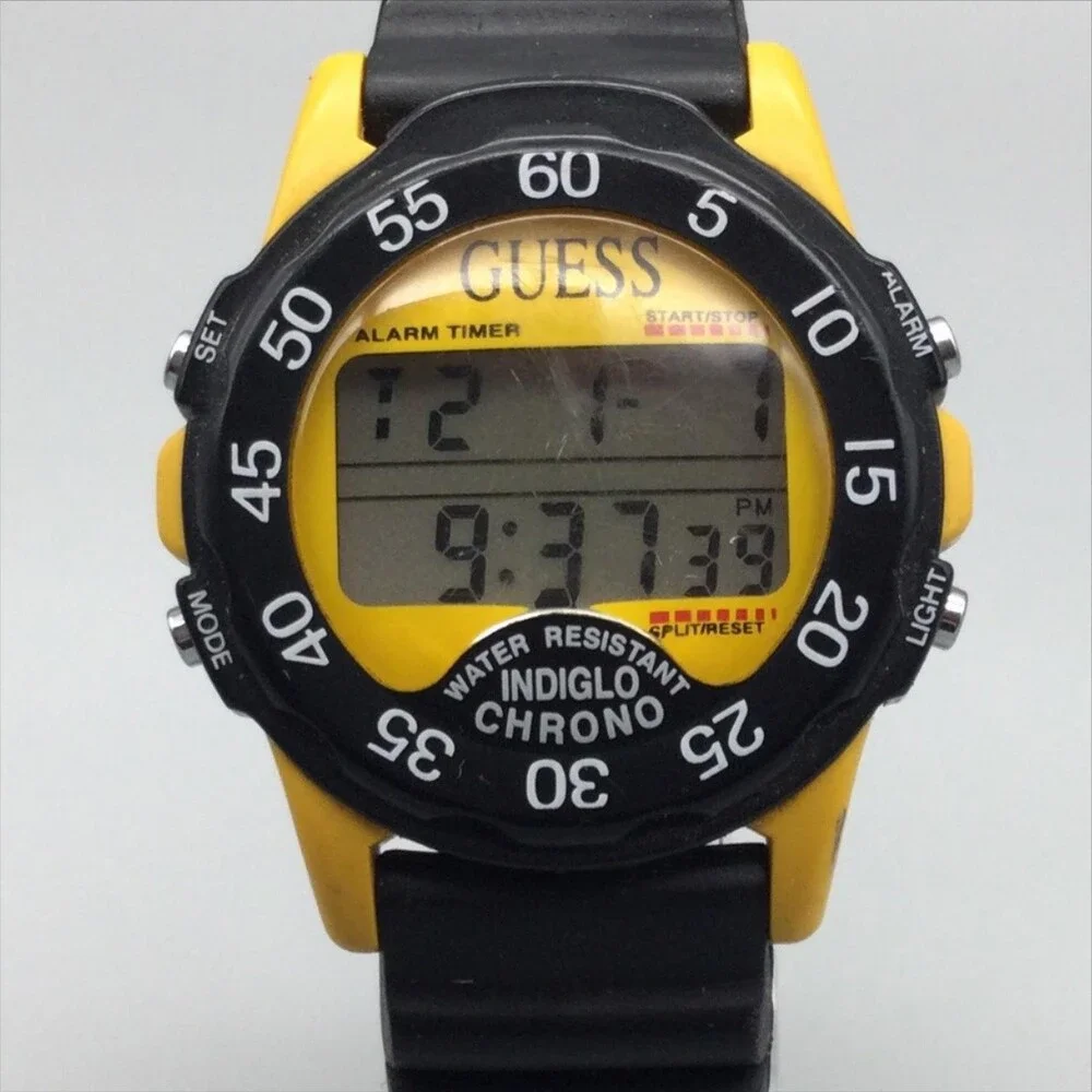 Vintage Guess Indiglo Chrono Men Watch 40mm Yellow Dial Black Rubber New Battery